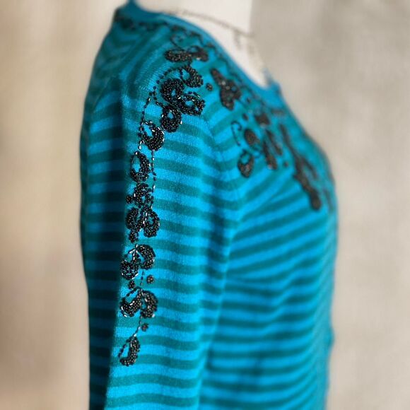 NWOT ONG Blue Striped Cashmere Beaded Cardigan Sleaze Academia Retro Size M - Picture 4 of 8